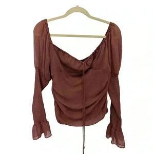 NWT WAYF Womens Cropped Off The Shoulder Smocked Drawstring Blouse Brown M